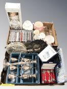 A silver plated candelabrum, six goblets in box, cutlery, further ceramics, cds,