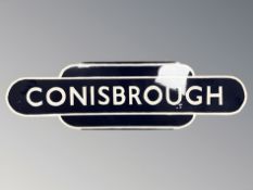 A late-20th century reproduction enameled metal railway totem 'Conisbrough', 92 cm x 26 cm.