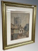 Twentieth Century British School : Two Figures in a Street with a Blue Car, Church Beyond,