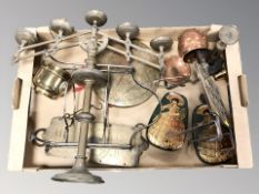 Metal wares including a brass candelabrum, Salter's balance scale, trivets,