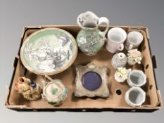 A silver-mounted photo frame, Staffordshire spill vase, 19th century wash jug and basin,