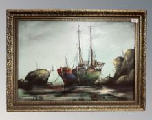 L W Mee : Two Fishing Boats at Low Tide, oil on board, signed, 47 cm x 70 cm, framed.
