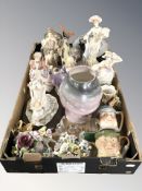A group of resin figurines, Leonardo figures, china flower posies, two small character jugs,