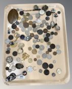 A group of various world coins, antique and later examples, souvenir spoons, brass name plaque,
