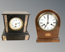 A Victorian black slate and marble mantle clock with enamel dial, with key, lacking pendulum,
