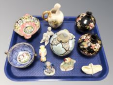 A Royal Worcester blush ivory jug, number 1094, two Maling lustre bowls, porcelain half dolls,