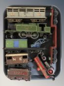 Tin plate locomotives and other rolling stock, crane, etc.