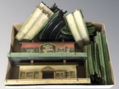 Assorted tin plate railway track, two station platforms.