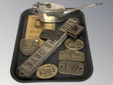 A group of brass railway plaques, cast iron sign 