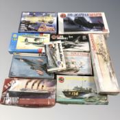 A group of naval and aircraft scale modelling kits including Airfix, Lindberg,