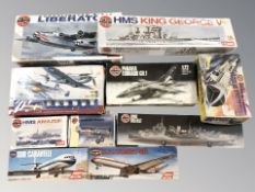 Various naval and aircraft scale modelling kits including Airfix