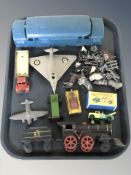 A group of die cast models including Lesney, painted cast metal farm animals,