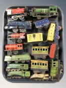 20th century tin plate locomotives and passenger cars including wind up examples.