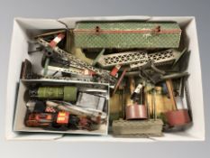A group of tin plate model railway buildings, decorations,