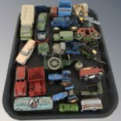 Assorted 20th century die cast vehicles including Dinky, delivery vans, tractors,