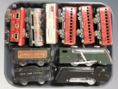 A group of 20th century tin plate rolling stock including two wind up locomotives.
