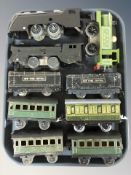 A group of 20th century tin plate locomotives and passenger cars.