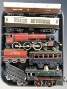 20th century tin plate locomotives and passenger cars.