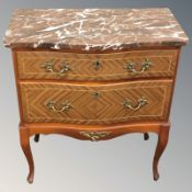 A Continental Kingwood veneered and marble topped two drawer chest,