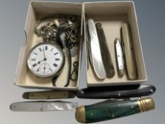 A silver open face pocket watch, watch chain, several pen knives.