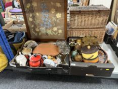 A tapestry fire screen, various ceramics, tea pots, a Romertopf dish and cover, preserve pots,