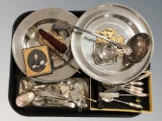 Various EPNS cutlery, a ruby glass tapered scent bottle with silver cap,