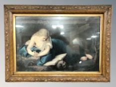 An antiquarian lithograph depicting a reclining lady reading, 60 cm x 90 cm,