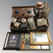 A group of pottery steins, vintage camera, lightshade, pictures, etc.