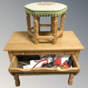 A Danish blonde oak sewing table, width 72 cm, and a hexagonal footstool.
