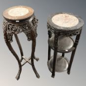 A 19th century Chinese carved hardwood and marble inset jardiniere stand, height 91 cm,