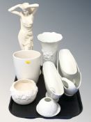 A resin classical figure of a lady, Burleigh Ware bowls, a West German kaiser vase, etc.