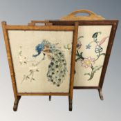 Two oak tapestry fire screens.