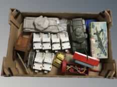 A group of Britain's die cast jeeps, two further die cast tanks, a wooden example,