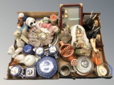 Ringtons china, figurines, glassware, brass miniature timepieces, etc.