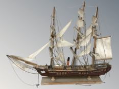 A scale model of a three masted sailing ship, length 80 cm.