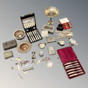 Assorted silver plated, pair of bottle coasters, cased and loose cutlery, nurse's buckle,
