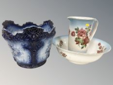 A pottery wash jug and basin, and a blue and white transfer printed jardiniere, height 27 cm.