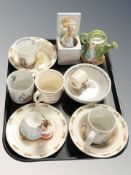 A quantity of Royal Doulton Bunnykins and other Beatrix Potter ceramics including mugs, figures,