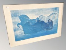 A continental lithographic print depicting horses, indistinctly signed, 120 cm x 79 cm.