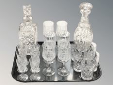 Two crystal decanters, assorted wine glasses, tumblers, etc.
