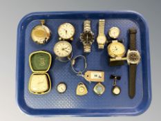 Fourteen various wristwatches, travel clocks, a lady's gun metal fob watch on ribbon suspender,