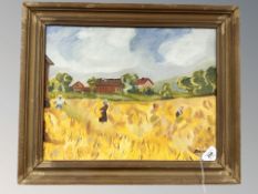 Bendix : Figures working in a field, oil on canvas, 43 cm x 33 cm.