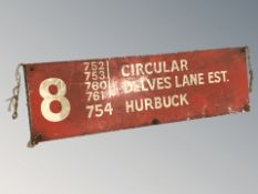 A 20th century double sided enameled metal railway platform sign, 76 cm x 23 cm.