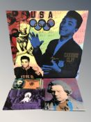 A group of modern canvas pictures including Mohammed Ali, etc, largest 100 cm x 100 cm.