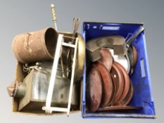 Assorted metal wares, enameled kitchen pans, etc.