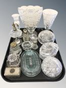A group of crystal and pressed glass items, atomiser, perfume bottles, ink wells, etc.