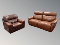 A Sofology brown leather electric reclining two seater settee and matching armchair.
