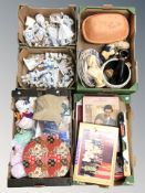 Assorted porcelain figures, ceramics, terracotta bowl and cover, sewing and knitting items,
