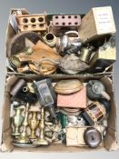 Metal wares including pair of brass candlesticks, Indian brass vases, lantern,