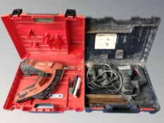A Bosch power drill and a Hilti nail gun, in boxes.